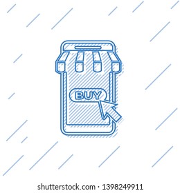 Blue Mobile phone and shopping cart with striped awning line icon isolated on white background. Online buying symbol. Supermarket basket symbol. Vector Illustration