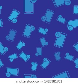 Blue Mobile phone and shopping cart icon isolated seamless pattern on blue background. Online buying symbol. Supermarket basket symbol. Vector Illustration
