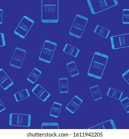 Blue Mobile phone with text FAQ information icon isolated seamless pattern on blue background. Frequently asked questions.  Vector Illustration