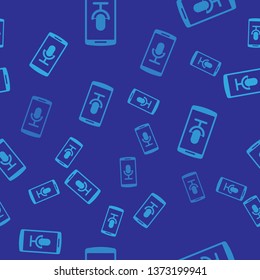 Blue Mobile recording icon isolated seamless pattern on blue background. Mobile phone with microphone. Voice recorder app smartphone interface. Vector Illustration