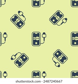 Blue Mobile recording icon isolated seamless pattern on yellow background. Mobile phone with microphone. Voice recorder app smartphone interface.  Vector