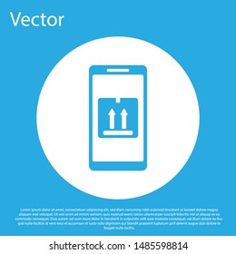 Blue Mobile smart phone with app delivery tracking icon isolated on blue background. Parcel tracking. White circle button. Vector Illustration