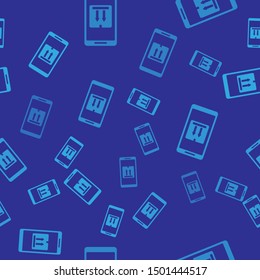Blue Mobile smart phone with app delivery tracking icon isolated seamless pattern on blue background. Parcel tracking.  Vector Illustration