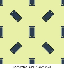 Blue Mobile smart phone with app delivery tracking icon isolated seamless pattern on yellow background. Parcel tracking.  Vector Illustration