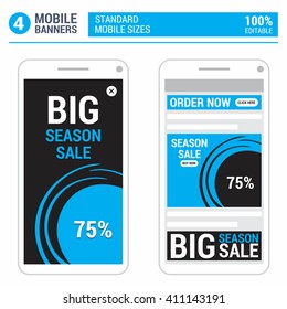 Blue Mobile Standard size Browser and Games banners set with placing in device. Vector Web Banners