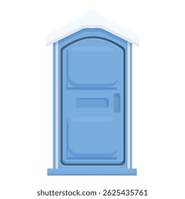 Blue mobile toilet covered with snow standing on a concrete platform, isolated on a white background
