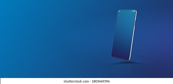 Teléfono móvil de parodia azul con fondo degradado azul. Ilustración realista de un gadget 3D sobre la posición de la perspectiva. presentación UI, UX, WEB. Teléfono móvil de simulación de vectores. Concepto tecnológico. Vector