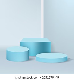 Blue mockup podium for product on blue background. Podium abstract composition.