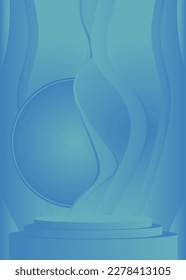 Blue Mockup product display. 3D Stage showcase for presentation. Abstract cylinder pedestal podium. Sci-fi minimal geometric forms, empty room scene.