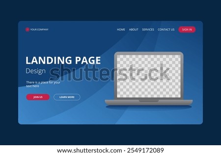 Blue modern abstract illustration featuring a laptop with a blank screen, ideal for use as a main visual on landing pages, websites, or presentations.