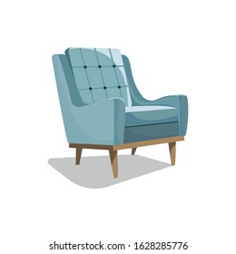 Blue modern armchair. Vector illustration isolated on white background. Piece of furniture. Home disign.