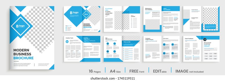 Blue modern brochure template layout,elegant brochure design, minimalist business profile template layout, 16 pages brochure, annual report minimal template layout design, multipage brochure layout.