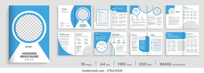 Blue modern brochure template layout,elegant brochure design, minimalist business profile template layout, 16 pages brochure, annual report minimal template layout design, multipage brochure layout.