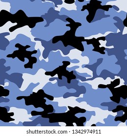 
Blue modern camouflage seamless pattern. Dark spots on blue background. Abstraction print vector