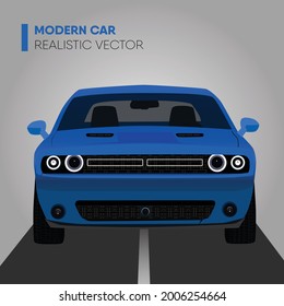 Blue modern car realistic vector illustration front look head light on road, Super car new model nice shape good condition.