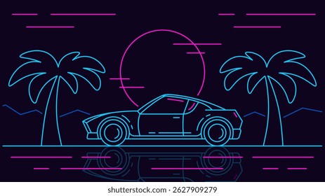 Blue modern car side view driving on the road on sunset background. Outline abstract neon illustration.