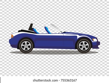 Blue Modern Cartoon Colored Cabriolet Car Isolated On Transparent Background. Sport Car Without Roof Vector Illustration. Clip Art. 