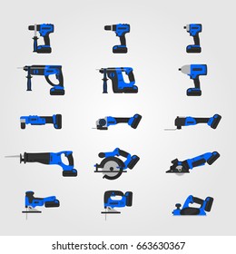 Blue modern cordless power tools set. Electric hand tools vector illustration