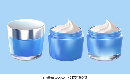 Blue modern cosmetic jar mockup collection, one closed by silver cap and two filled with stabilized white cream. 3d isolated container elements.