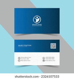 Blue modern creative business card and name card, horizontal simple clean template vector design. Flat business card layout with background and mockup.