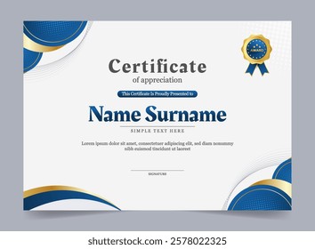 Blue modern elegant gold certificate template with badge