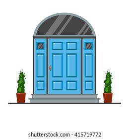 Blue modern front door with two pots with plants. Vector building element. Cartoon house illustration 