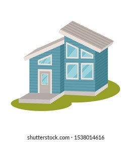 Blue modern house with a gray roof. Vector illustration.