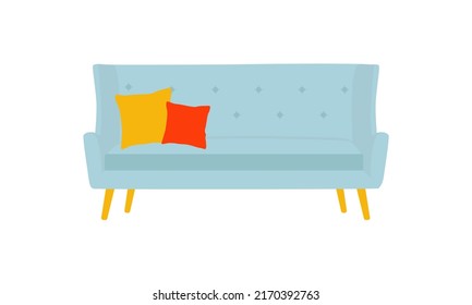 Un sofá azul moderno y aislado sobre un fondo blanco. Icono de ilustración de vector