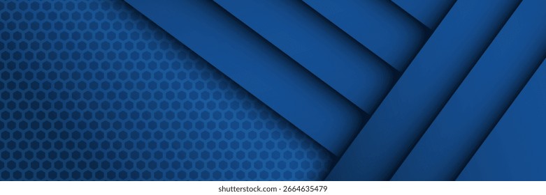 Diseño de material moderno azul con patrón hexagonal, hojas de papel superpuestas oscuras, Plantilla corporativa para su negocio, fondo abstracto de Vector de pantalla ancha