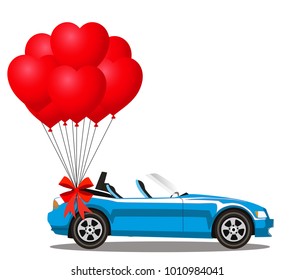 Blue modern opened cartoon cabriolet car with bunch of red helium heart shaped balloons with festive bow isolated on white background. Sports car. Vector illustration. Clip art. 