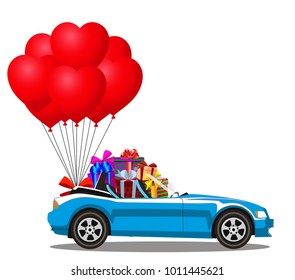 Blue modern opened cartoon cabriolet car with heap of gifts and bunch of red helium heart shaped balloons with festive bow isolated on white background. Sport car. Vector illustration. Clip art.