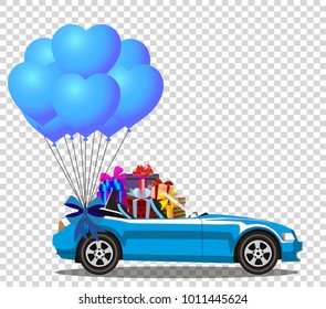 Blue modern opened cartoon cabriolet car with heap of gifts and bunch of blue helium heart shaped balloons with festive bow isolated on transparent background. Sport car. Vector illustration. Clip art