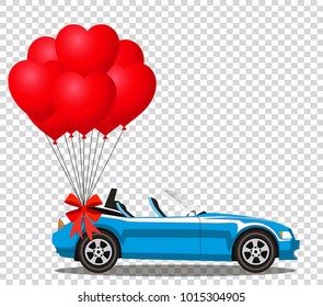 Blue modern opened cartoon cabriolet car with bunch of red helium heart shaped balloons with festive ribbon isolated on transparent background. Sport car. Vector illustration. Clip art. 