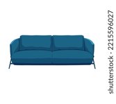Blue modern sofa wigh cushions.Vector illustration. Living room element. Home furniture concept. For home interior design