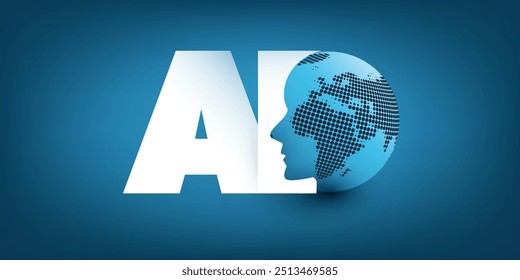 Blue Modern Style Machine Learning, Inteligência Artificial, Cloud Computing e Global Networks Conceito Banner, Design de Tipografia com Globo da Terra, Robot Face Profile e Big Bold AI Letters, Label