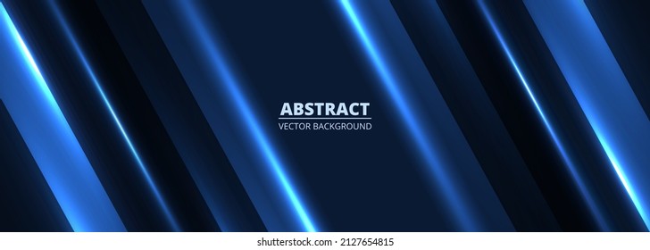 Blue modern vector wide abstract banner with light shiny blue diagonal lines glowing abstract horizontal design background. Vector illustration