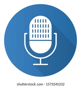 Blue modern voice recorder flat design long shadow glyph icon. Microphone idea. Sound recording equipment. Portable mic, music mike. Speech recognition process. Vector silhouette illustration