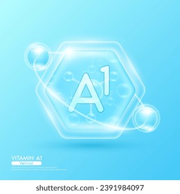 Blue molecule atom vitamin A1 in hexagon. Surrounded by collagen solution hyaluronic acid serum and moisturizer. Essential to the health skin care. For cosmetic beauty nutrition. Vector EPS10.