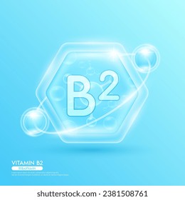 Blue molecule atom vitamin B2 in hexagon. Surrounded by collagen solution hyaluronic acid serum and moisturizer. Essential to the health skin care. For cosmetic beauty nutrition. Vector EPS10.