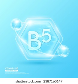 Blue molecule atom vitamin B5 in hexagon. Surrounded by collagen solution hyaluronic acid serum and moisturizer. Essential to the health skin care. For cosmetic beauty nutrition. Vector EPS10.