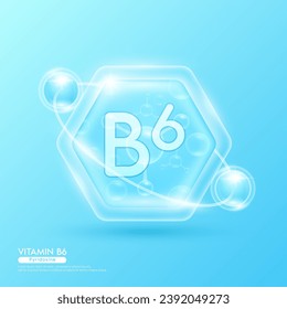 Blue molecule atom vitamin B6 in hexagon. Surrounded by collagen solution hyaluronic acid serum and moisturizer. Essential to the health skin care. For cosmetic beauty nutrition. Vector EPS10.