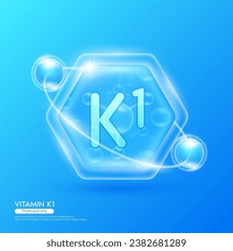 Blue molecule atom vitamin K1 in hexagon. Surrounded by collagen solution hyaluronic acid serum and moisturizer. Essential to the health skin care. For cosmetic beauty nutrition. Vector EPS10.