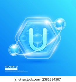 Blue molecule atom vitamin U in hexagon. Surrounded by collagen solution hyaluronic acid serum and moisturizer. Essential to the health skin care. For cosmetic beauty nutrition. Vector EPS10.