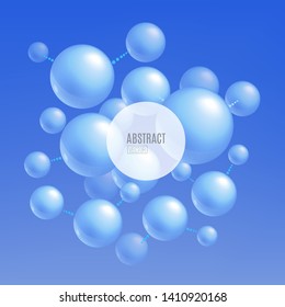 Blue molecule atoms - abstract background for science and technology banner design, molecular chemistry research wallpaper with realistic network of connected spheres - 3D vector illustration