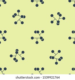 Blue Molecule icon isolated seamless pattern on yellow background. Structure of molecules in chemistry, science teachers innovative educational poster.  Vector Illustration
