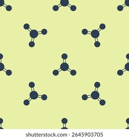 Blue Molecule icon isolated seamless pattern on yellow background. Structure of molecules in chemistry, science teachers innovative educational poster.  Vector