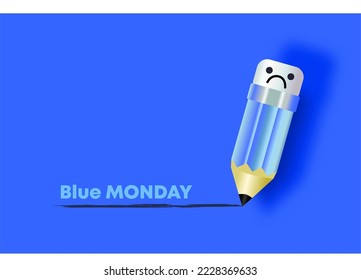 Blauer Montag-Hintergrund. Ein blauer Bleistift mit einem Radiergummi ist traurig. Inschrift