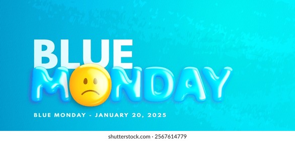 Blue monday banner with realistic decorative glossy 3d sad emoticon face and volumetric text on blue background. Third monday January. Concept design for web poster, social media. Vector illustration