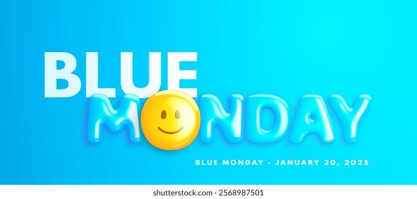 Blue monday banner with realistic decorative glossy 3d happy emoticon face on blue background. Sad Monday 20th January 2025. Concept design for web poster, flyer, social media. Vector illustration