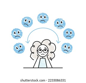 lunes azul, dibujo a mano chica triste con emojis azules volando a su alrededor, boceto de mal humor, ilustración vectorial